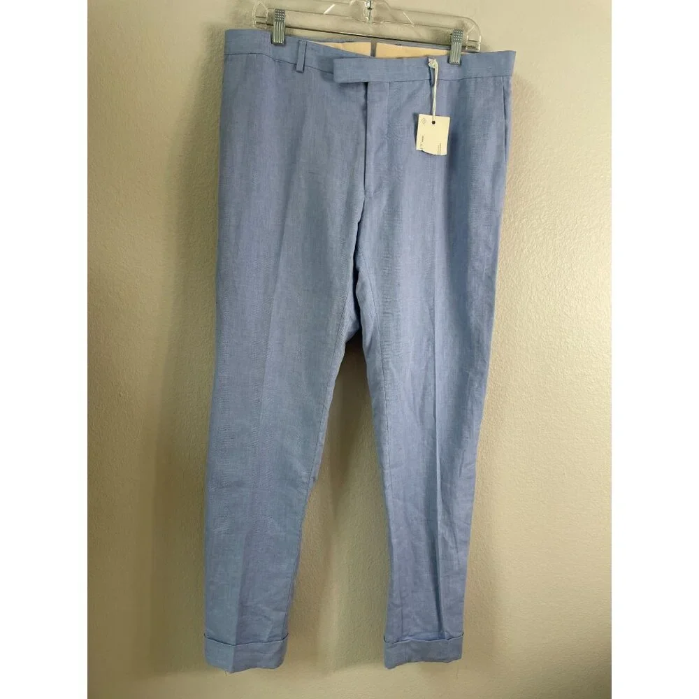 NEW GANT Mens 52 Lightweight Summer Twill Trousers Blue‎ Linen Blend Dress Pants